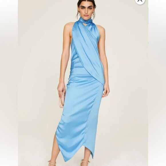 ARIAS  New York Blue Satin Asymmetrical Draped Midi Cocktail Dress | Size 4 - Picture 1 of 14